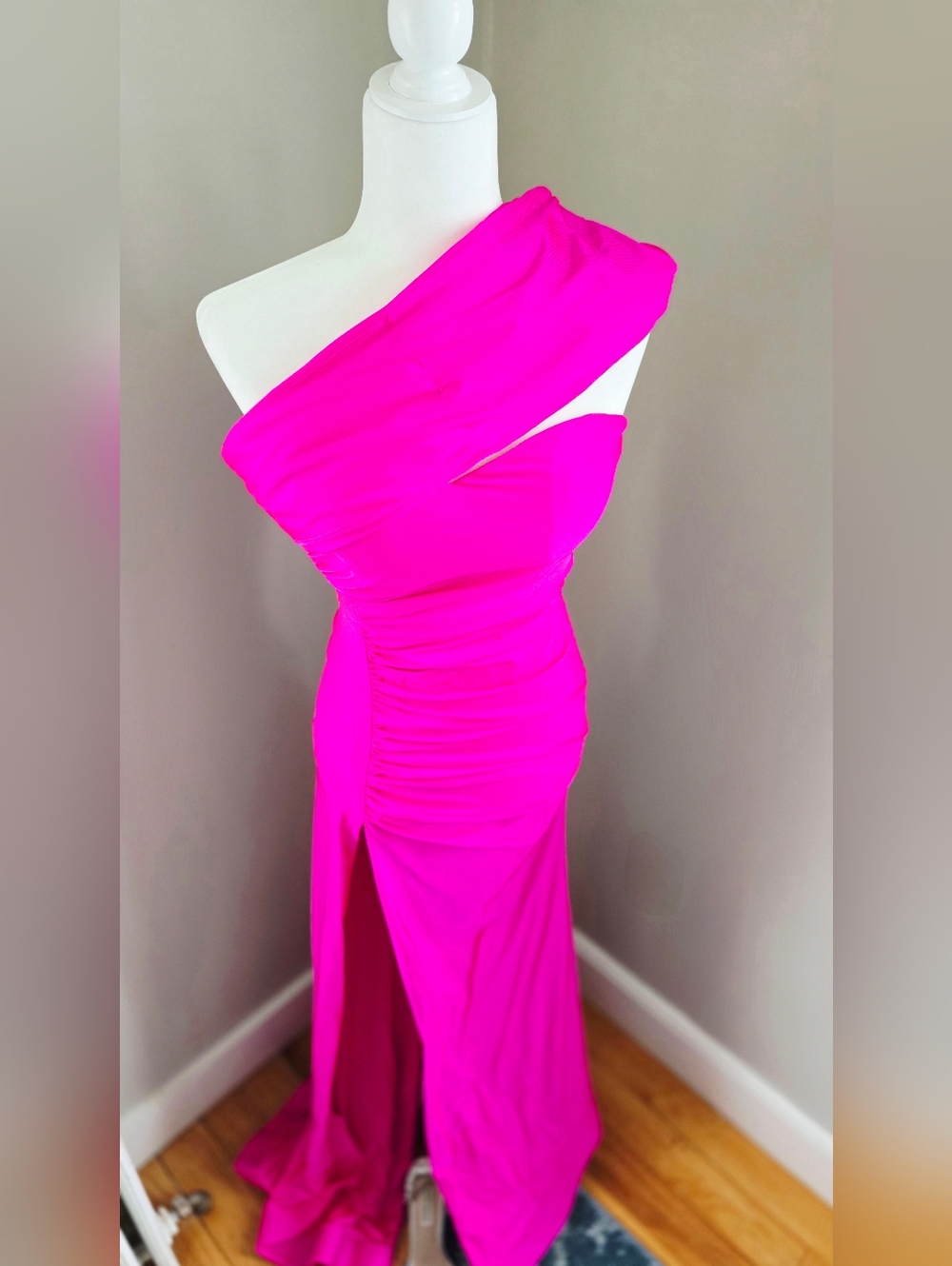 Asymmetric One Shoulder Gown Train Side Split with Gloves